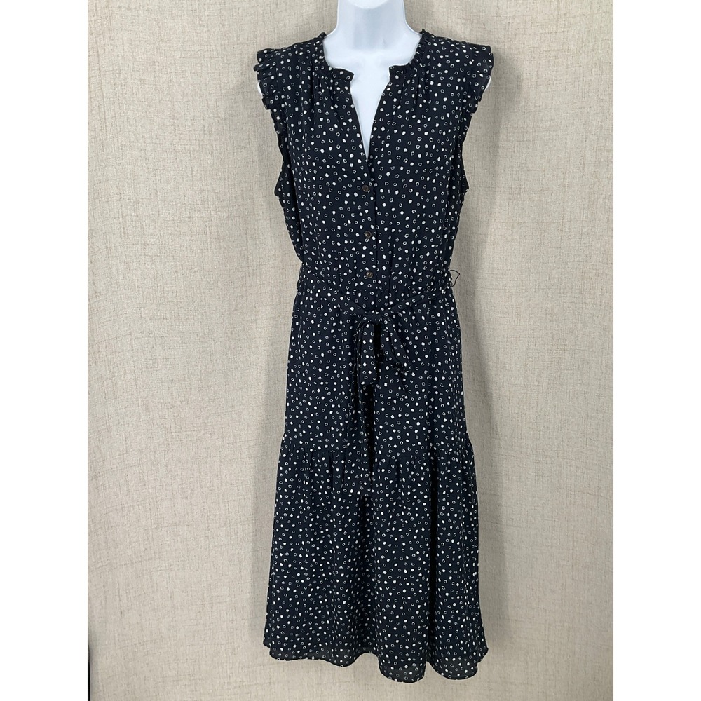 Ann Taylor Midi Dress Womens L Navy Polka Dot Tiered Ruffle Belted Modest Office